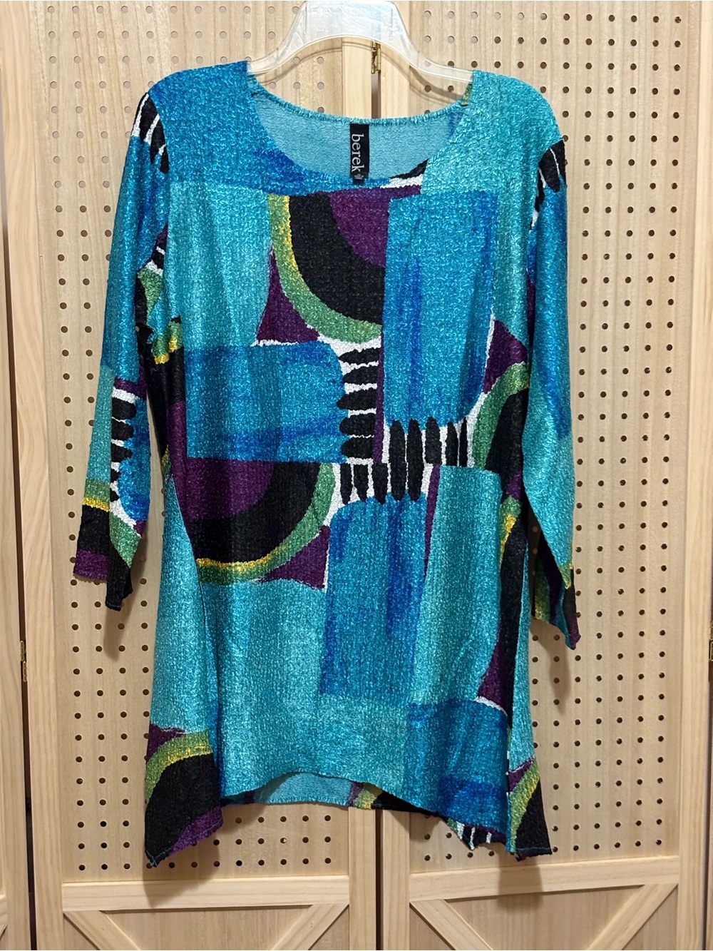Berek Crinkle Satin Turquoise Abstract Asymmetric Hem Tunic Top Blouse Ladies XL